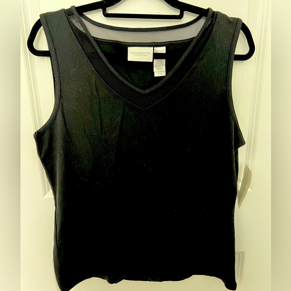 NWT Liz Claibornne Lizwear Jeans Sleeveless Top, L Black V-neck w/mesh neckline